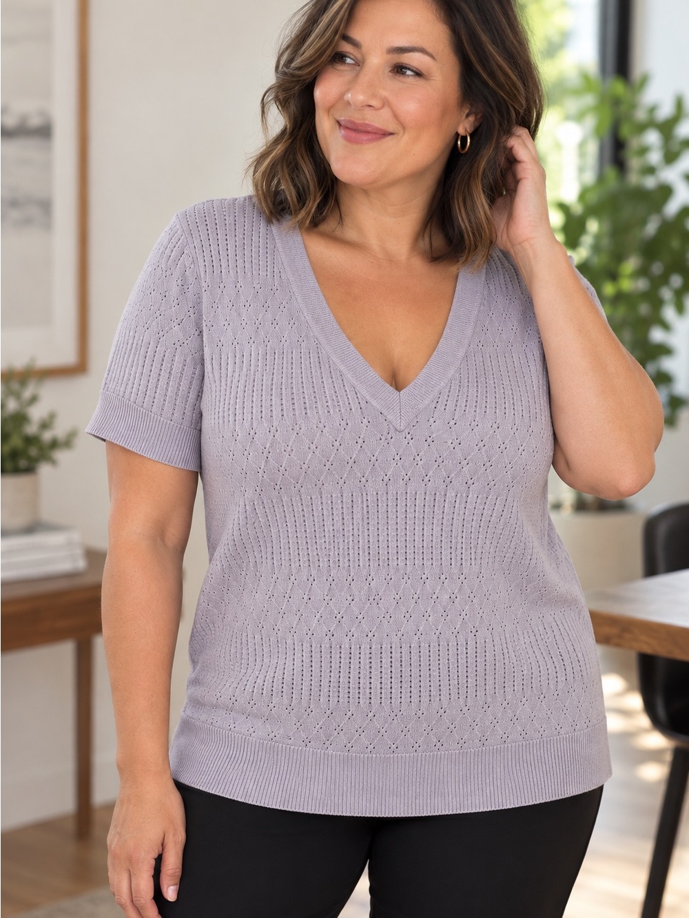 Torrid Size 1 Lavender Pointelle V Neck Short Sleeve Sweater Top